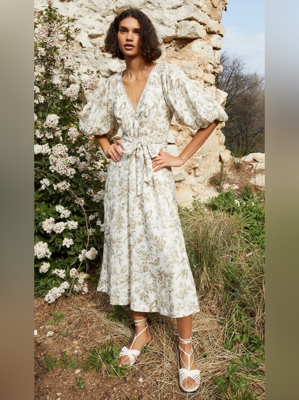 ZIMMERMANN Puff-Sleeve Bird-Print Linen Midi Dress size S